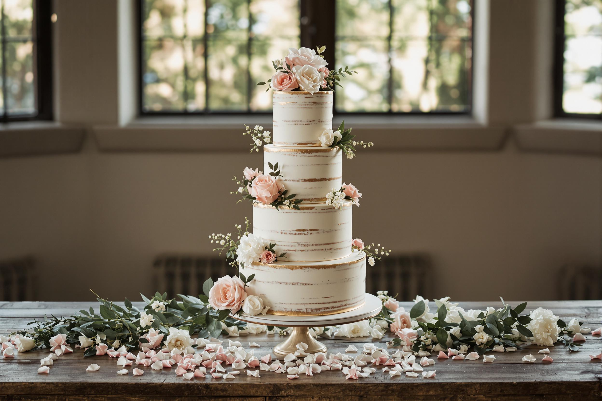 A stunning wedding cake stands elegantly on a rustic wooden table, adorned with delicate edible flowers in shades of soft pink and white. The cake’s smooth layers showcase intricate piping work, while gold leaf accents catch the light, adding a touch of luxury. Surrounding the cake are scattered flower petals and greenery, all illuminated by soft natural light pouring in from nearby windows, enhancing the celebratory atmosphere.