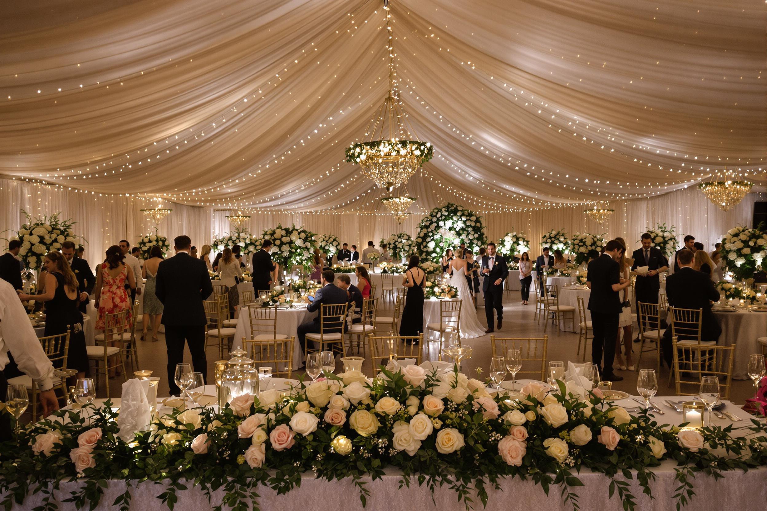 An elegant wedding reception unfolds in a beautifully decorated venue adorned with soft fabric drapes and twinkling fairy lights. The centerpiece table is set with fine china and sparkling glassware, surrounded by floral arrangements of white roses and greenery. Guests mingle in formal attire, captured in candid moments of joy.