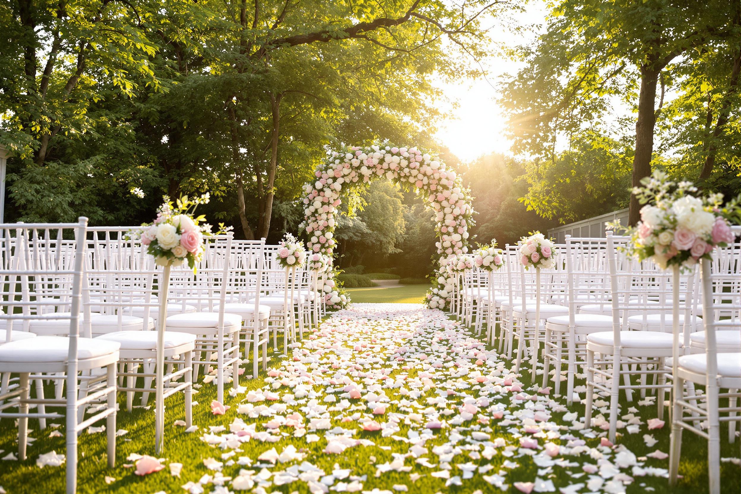 An enchanting outdoor wedding setup unfolds amid lush greenery, featuring rows of white chairs facing a flower-adorned archway. The scene is bathed in warm, diffused light as it approaches golden hour, enhancing the soft pastel colors of the floral arrangements. A petal-strewn aisle leads toward the beautifully decorated altar, creating an atmosphere of joy and celebration.