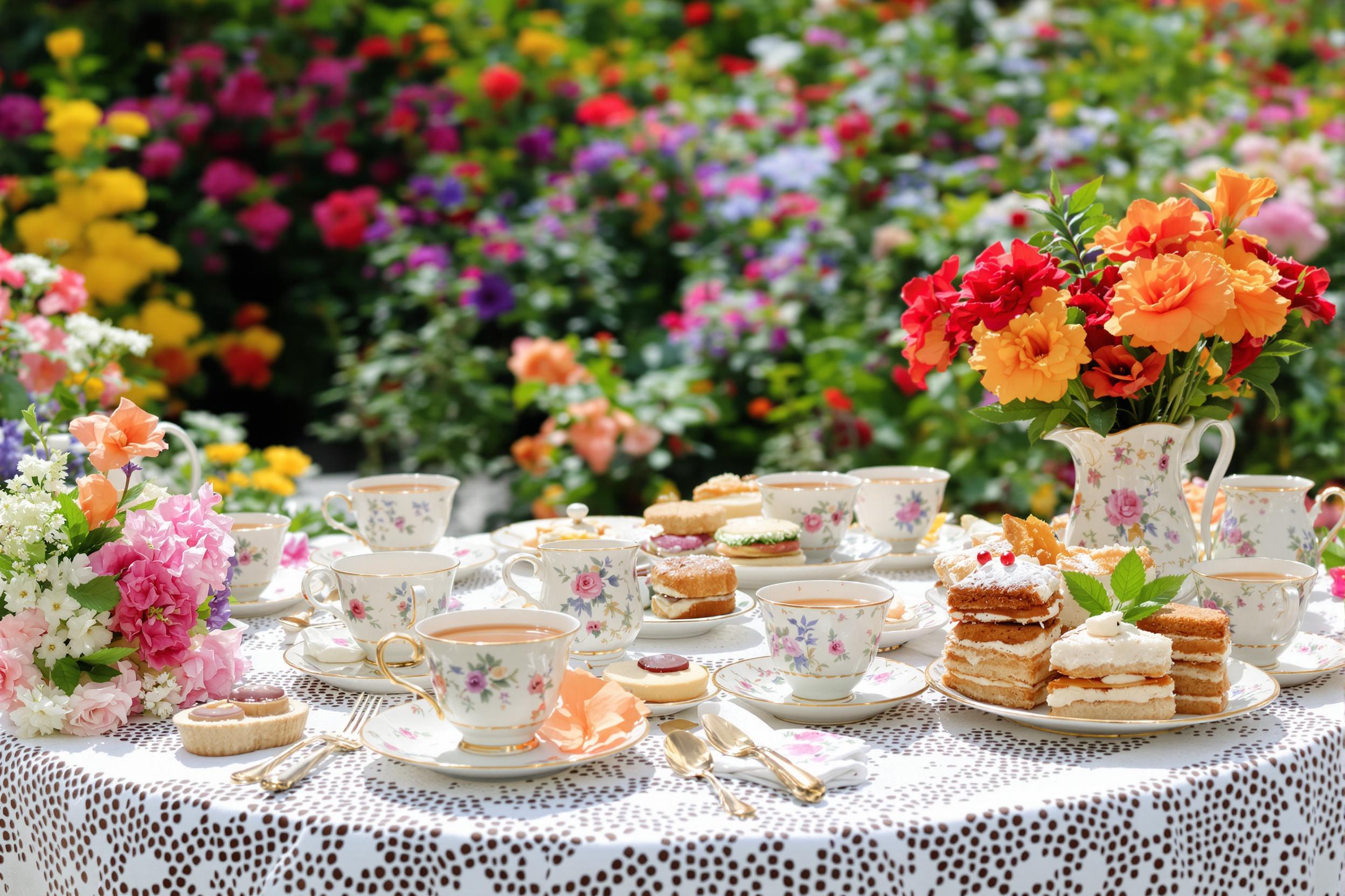 A whimsical tea party is set in a vibrant garden, where a beautifully arranged table features delicate china cups filled with steaming tea. Surrounding the table, blooming flowers in vivid colors add charm, while a vintage lace tablecloth provides an elegant touch. Delicious pastries and finger sandwiches are artfully displayed, inviting guests to indulge.