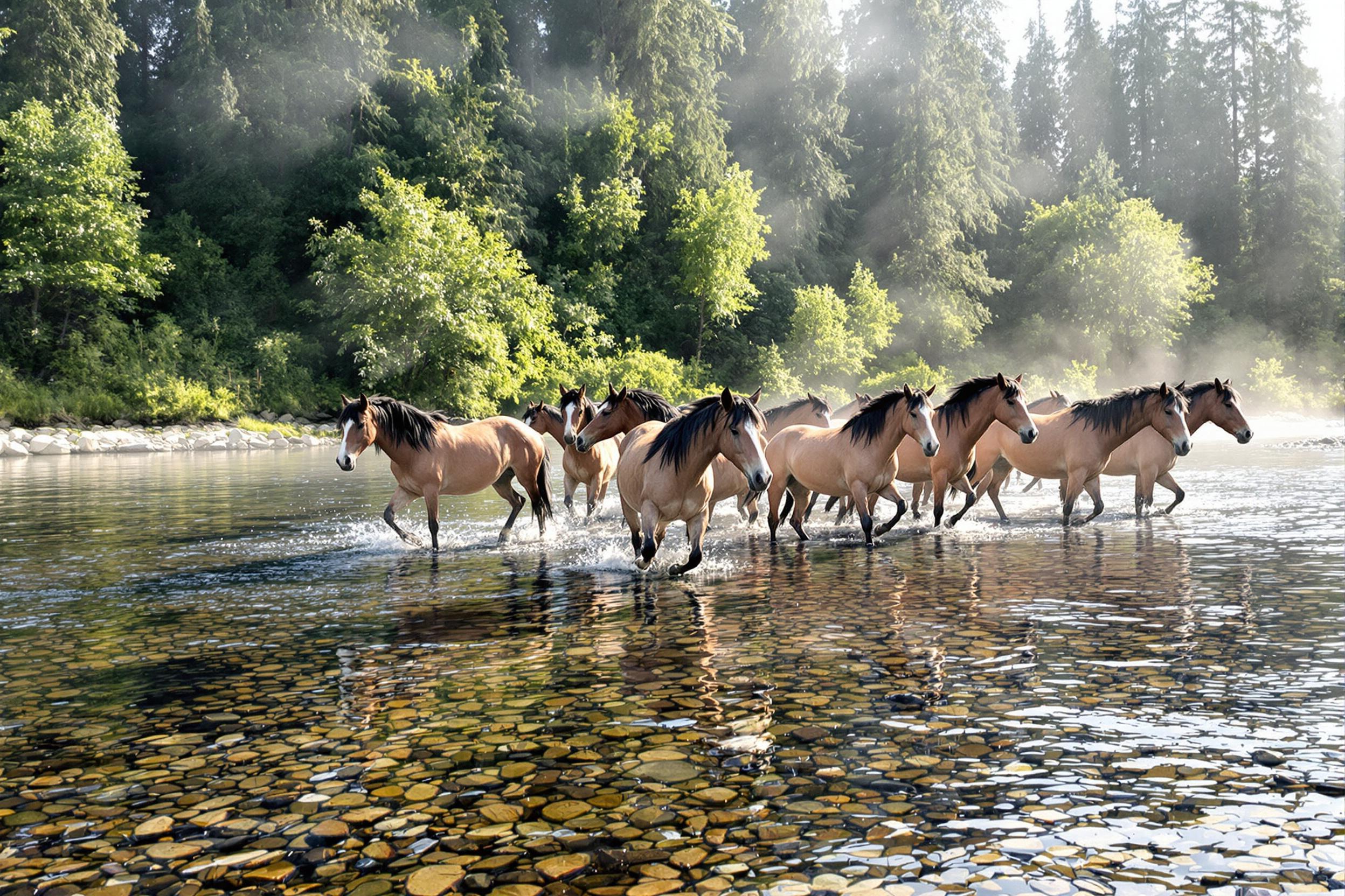 A band of wild horses wades gracefully across a crystal-clear river, their sleek coats reflecting soft morning light. Rising mist enhances the tranquil wilderness backdrop of tall trees and lush greenery. Ripples radiate around their legs, blending seamlessly with stones visible beneath the surface.