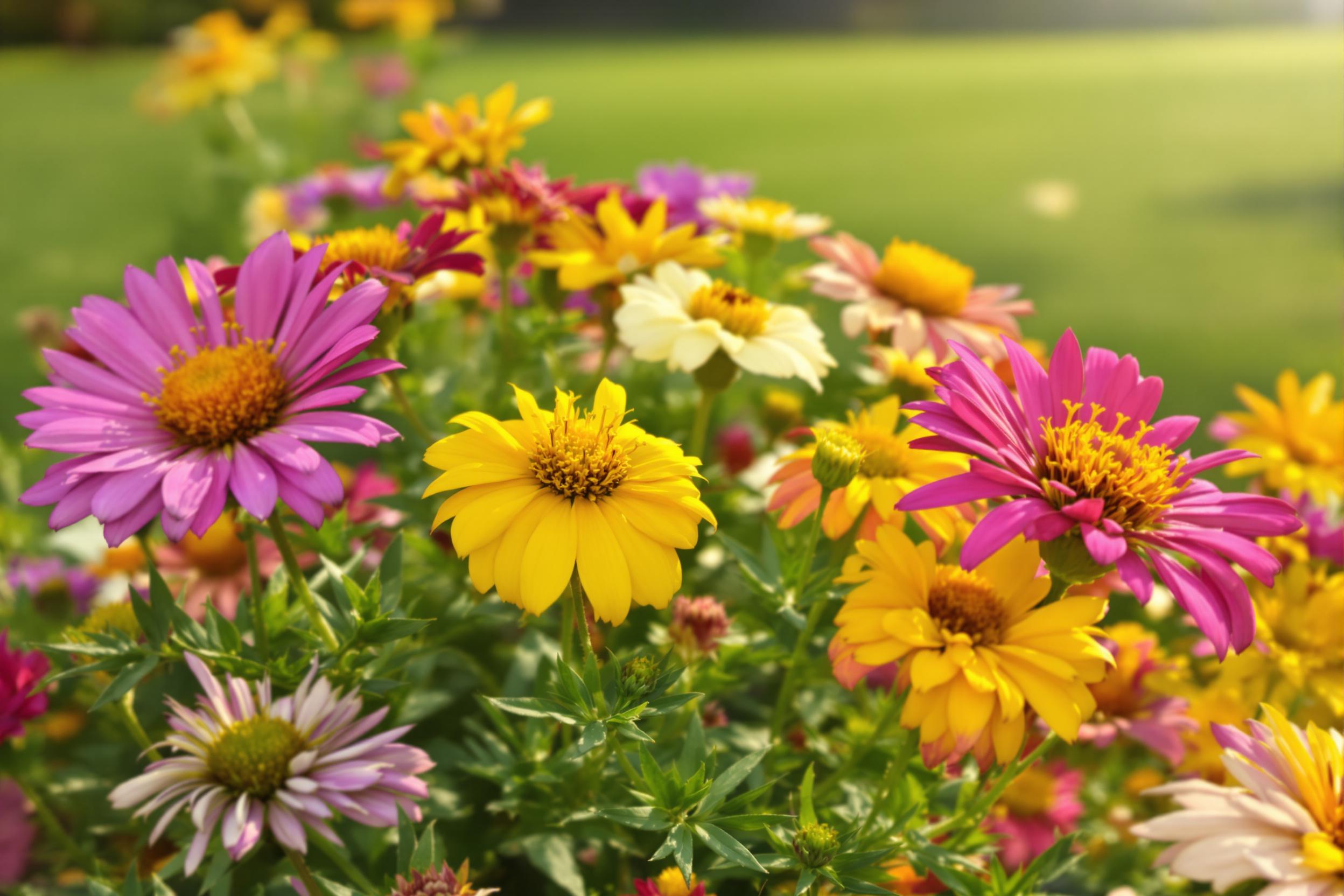 A close-up reveals a vibrant cluster of wildflowers bursting with color in a suburban backyard. Rich hues of purple, yellow, and orange petals create a natural tapestry against a blurred green backdrop. Golden afternoon light bathes the scene, enhancing the intricate textures of each bloom and inviting a sense of tranquility.