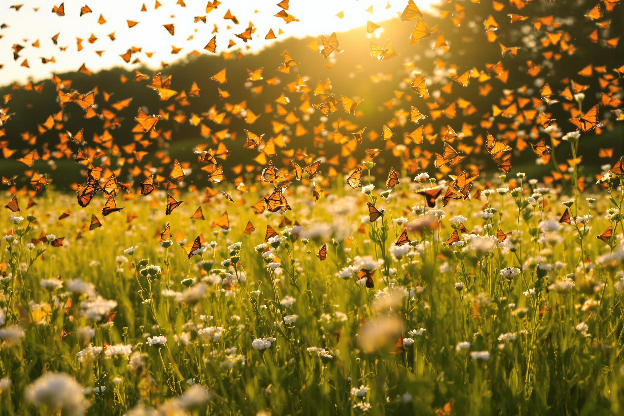 In a sunlit meadow at golden hour, dozens of vibrant monarch butterflies take flight over blooming wildflowers. Their orange and black wings stand out against gentle green grasses, while soft sunlight creates shimmering highlights. A blurred treeline in the distance frames this dynamic yet tranquil migration scene.