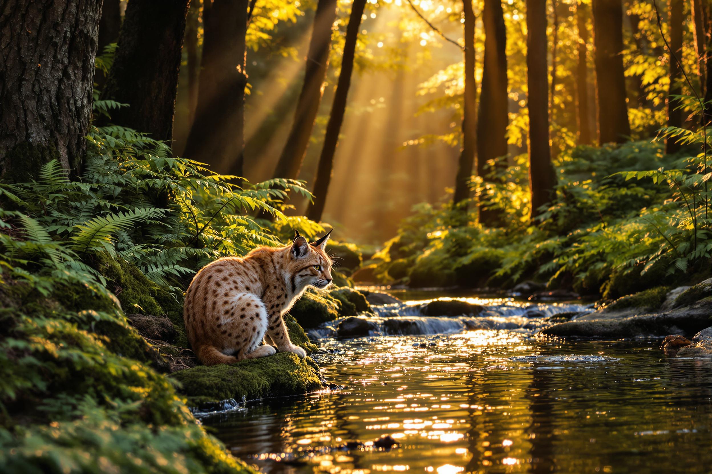 Amidst a lush forest during golden hour, a solitary wild lynx crouches gracefully by a clear stream, its spotted fur distinct against the mossy terrain. Rays of amber light filter through high branches, creating glimmers on the rippled water. The peaceful scene is enriched with verdant ferns and intricate bark textures, portraying pristine wilderness.