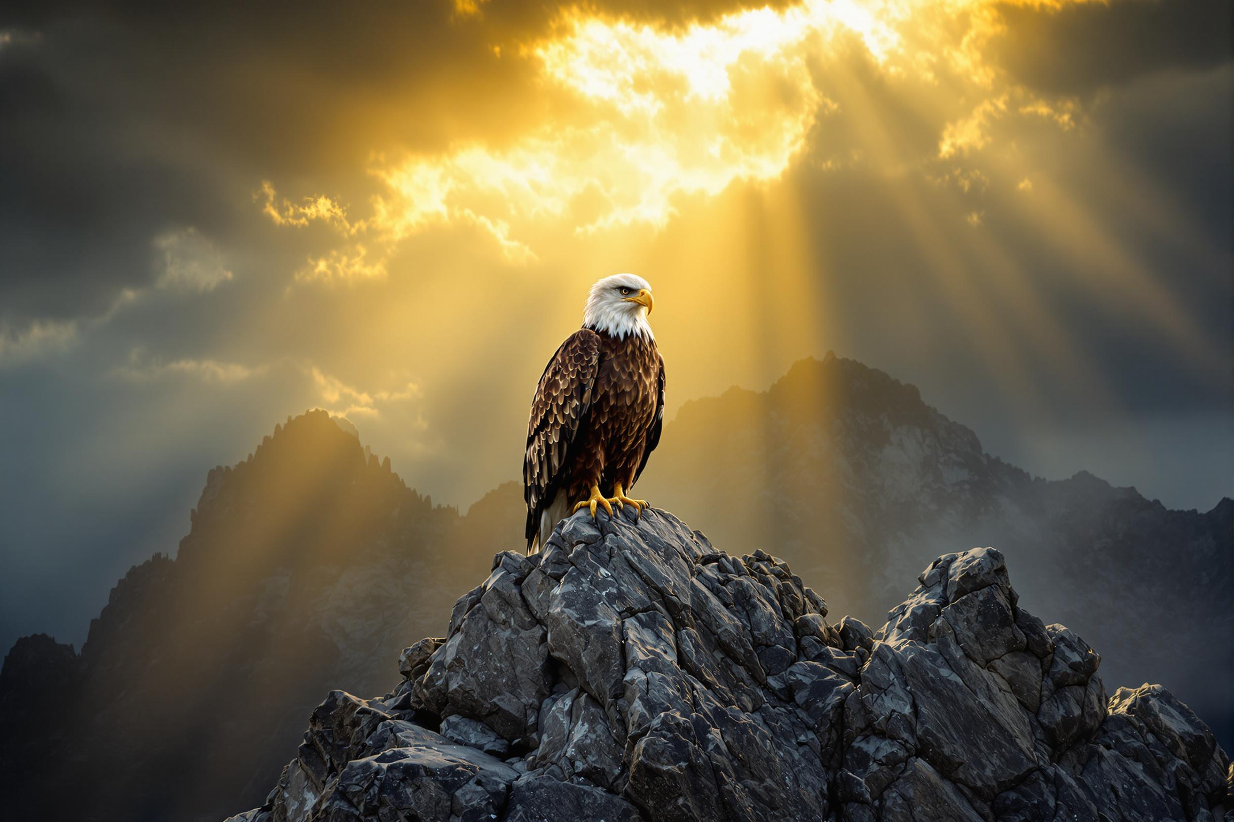 A majestic bald eagle stands proudly atop a rugged mountain crag, framed by beaming rays of golden sunlight seeping through a turbulent sky. Its vigilant gaze scans the horizon, contrasting dark storm clouds with streaks of illuminated atmosphere. The finely detailed feathers glisten softly while jagged rock textures embody untamed wilderness.