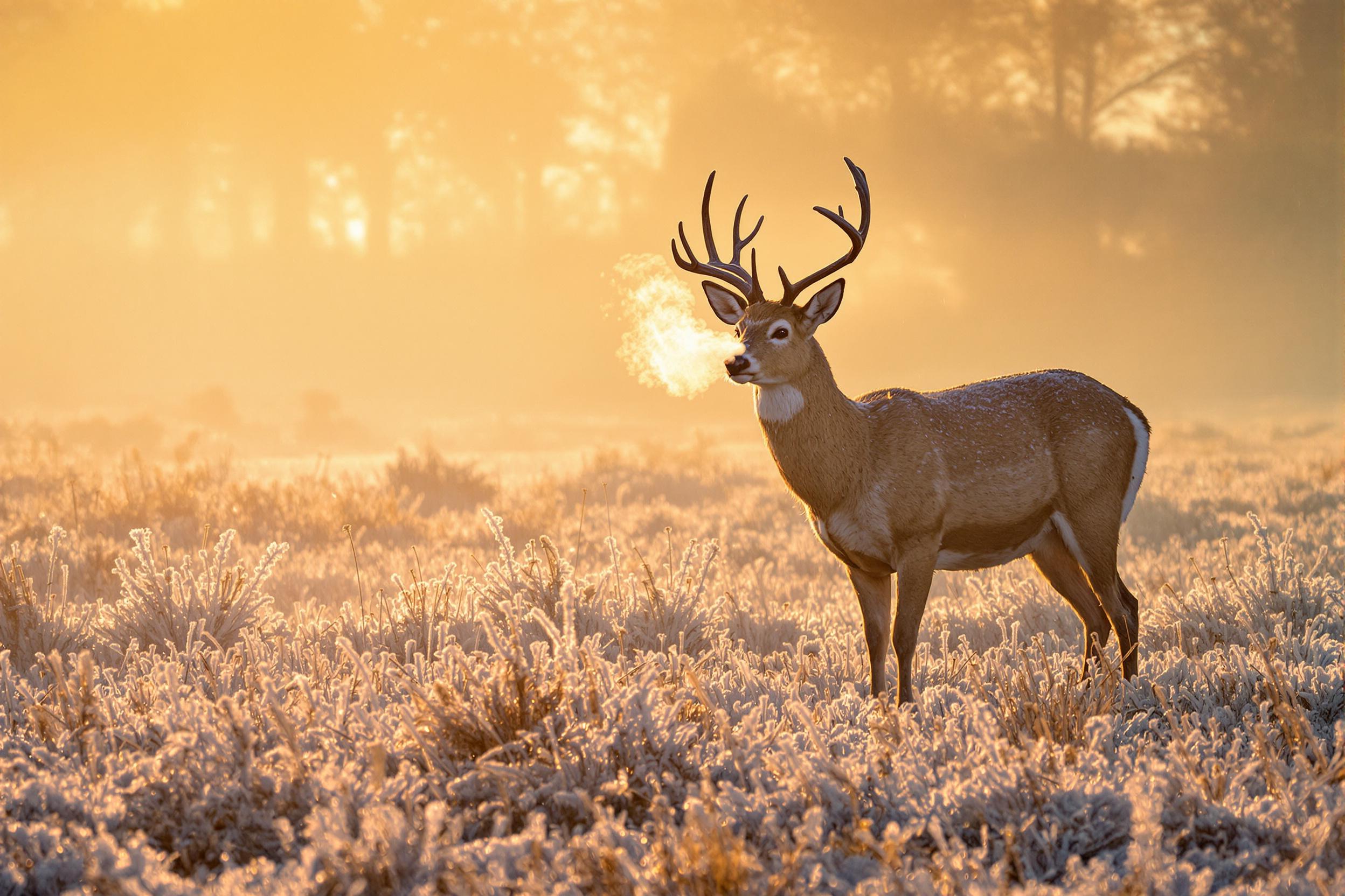 A solitary deer stands in a frost-covered meadow under the warm light of dawn. Its breath forms subtle clouds in the crisp air as sunlight filters through distant, misty trees. Frost-laden grass reflects soft orange and cool blue tones, emphasizing the tranquil beauty of this winter morning.