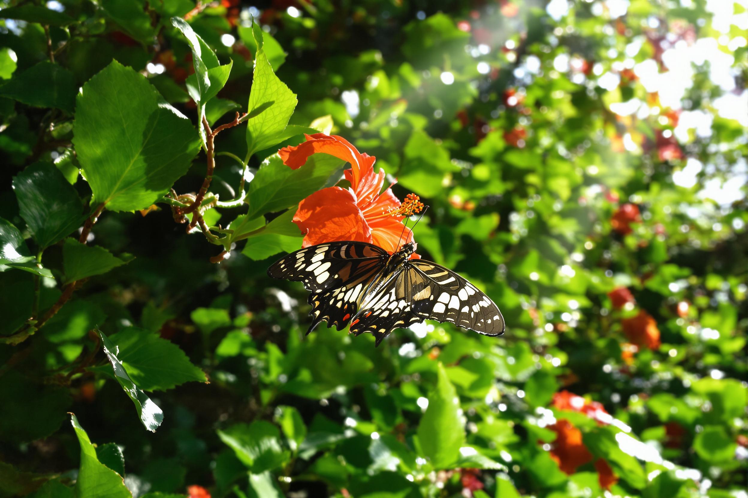 Amid lush tropical foliage, a rare butterfly delicately perches on a vivid orange hibiscus bloom. Intricate wing patterns shimmer under filtered morning sunlight breaking through the canopy. Soft-focus greenery fills the background, showcasing the butterfly's vibrant hues within its exotic habitat.