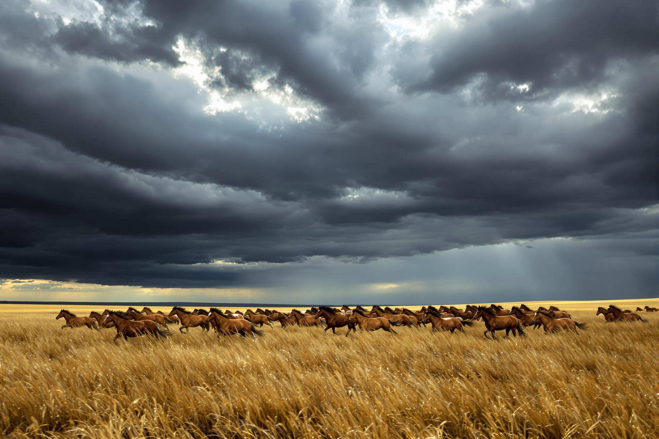 In an expansive prairie under tumultuous stormy skies, a herd of wild horses gallops freely through golden grasses swaying with the wind. The dramatic dark clouds above are pierced by sunbeams that illuminate the horses, their manes streaming back as they run. Motion blur captures some grass, enhancing the sense of speed.