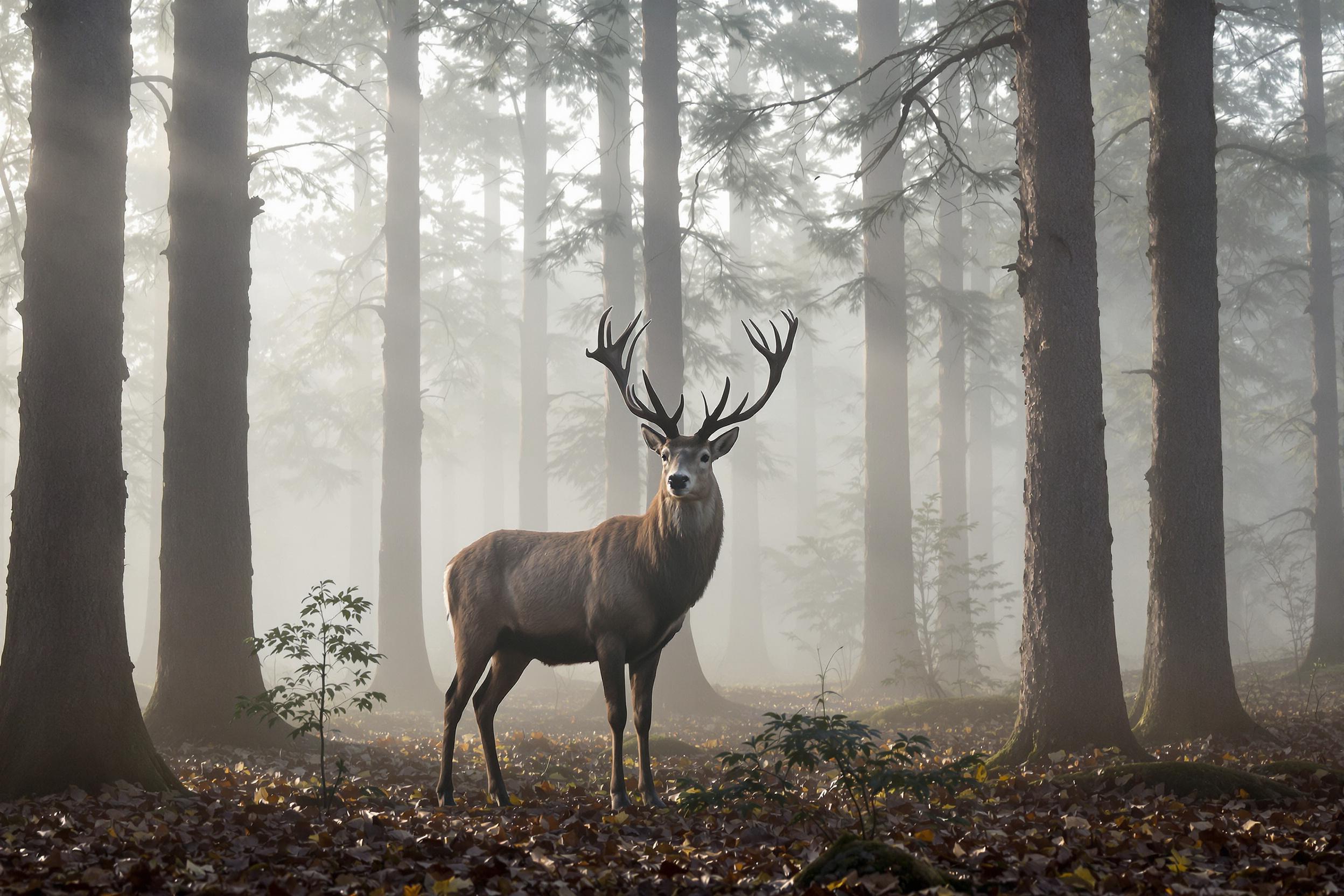 A majestic stag stands confidently in a misty forest, surrounded by towering pine trees that stretch into the soft morning sky. The ethereal fog envelops the scene, diffusing sunlight and creating a magical atmosphere. With its impressive antlers silhouetted against the mist, the stag exudes grace and strength. The forest floor is adorned with fallen leaves, adding texture and color to this tranquil wilderness moment.