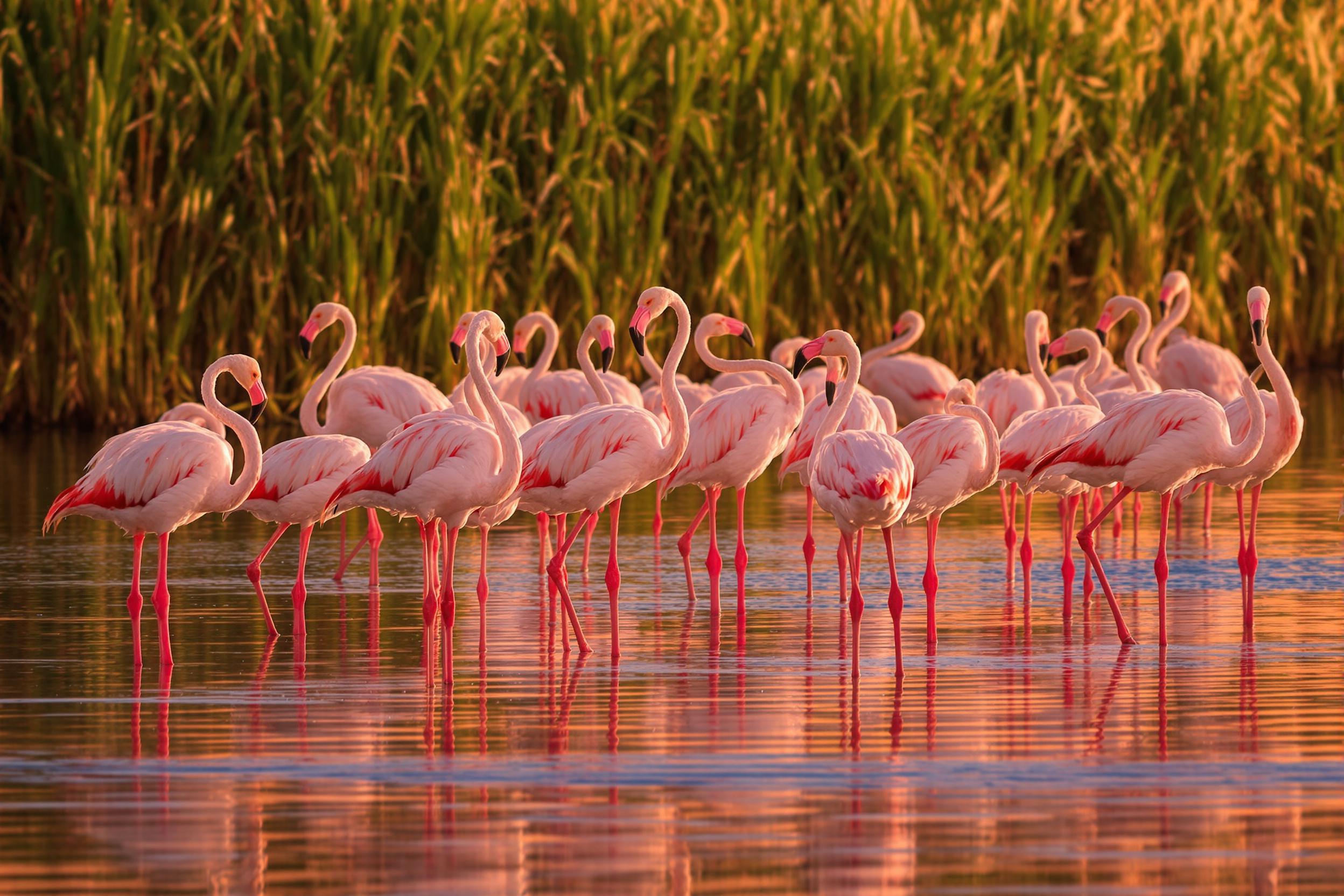 A group of wild flamingos wade gracefully in shallow water kissed by the first light of sunrise. Their vibrant pink feathers stand out against the warm orange and gold sky, mirrored perfectly in the still water below. Gentle ripples surround their thin legs. Tall reeds frame the background, completing this serene, nature-rich scene.