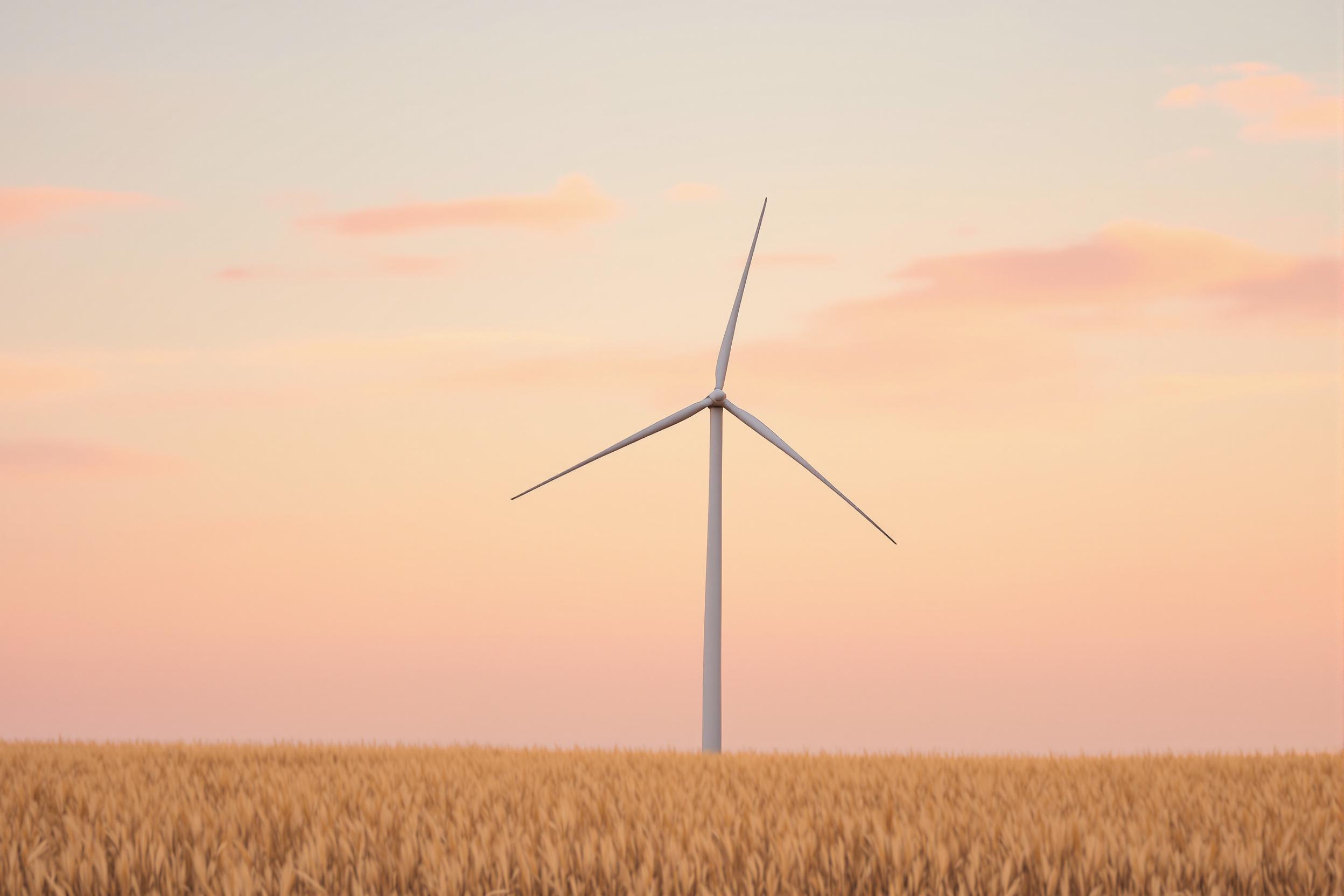 A single sleek wind turbine stands majestically against an expansive pastel-hued sunset. The smooth blades contrast beautifully with the delicate pink and orange cloud-streaked sky. Tall golden grass sways gently below, creating soft movement in the serene landscape, with gradients of light enhancing its minimalist elegance.