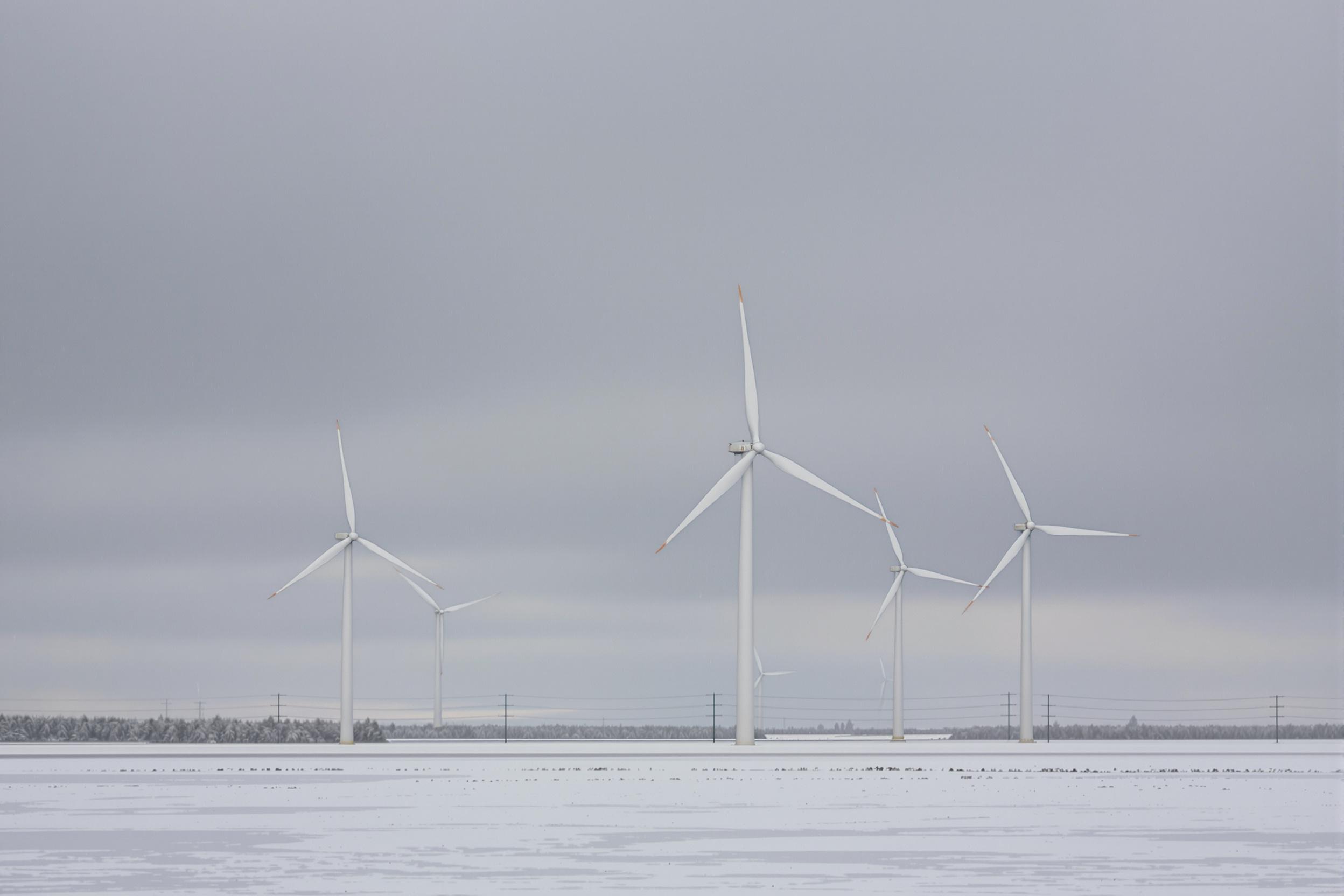 Towering wind turbines rise from a frozen expanse, their white blades blending seamlessly into the stormy gray sky. Soft snowfall blankets the ground, while swirling gusts create faint motion blur. Diffused light from thick clouds casts an even glow over the minimalist winter scene. Sparse trees dot the distant horizon.