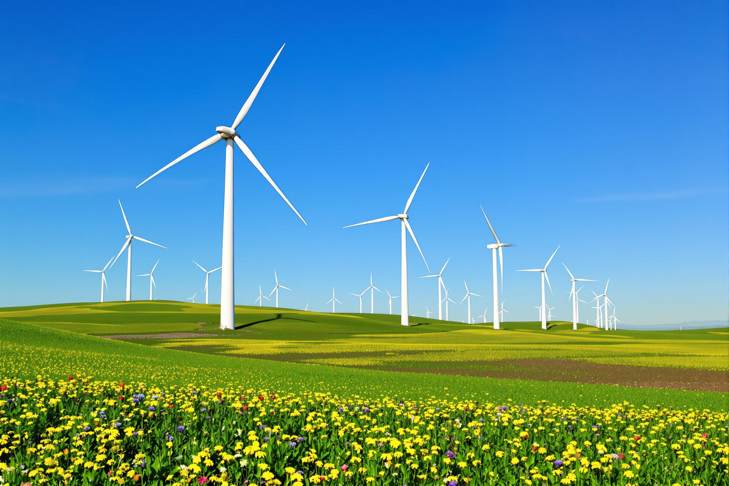 Rows of white wind turbines stand tall on gentle green hills under a vivid blue sky. Sunlight highlights their smooth surfaces as their blades spin gracefully. In the foreground, patches of colorful wildflowers frame the scene, contrasting against the lush grassy fields extending into the horizon.