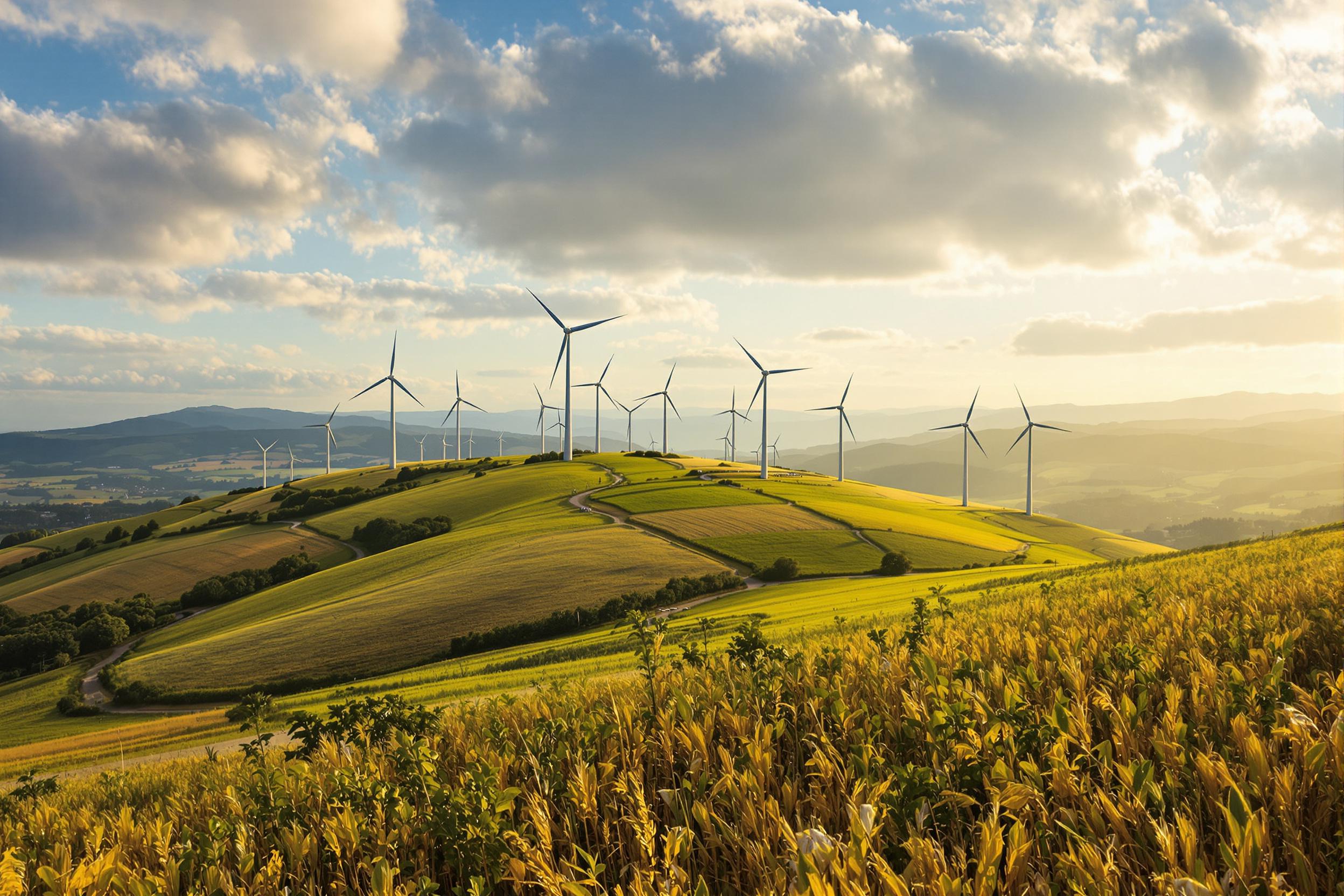 A dramatic image capturing a pristine hill adorned with wind turbines under scattered clouds. Bathed across warm directional sunlight breaking pale-blue sky vast aerial-rural grains provide anchoring softened pathways between nature's perspective human engineering.