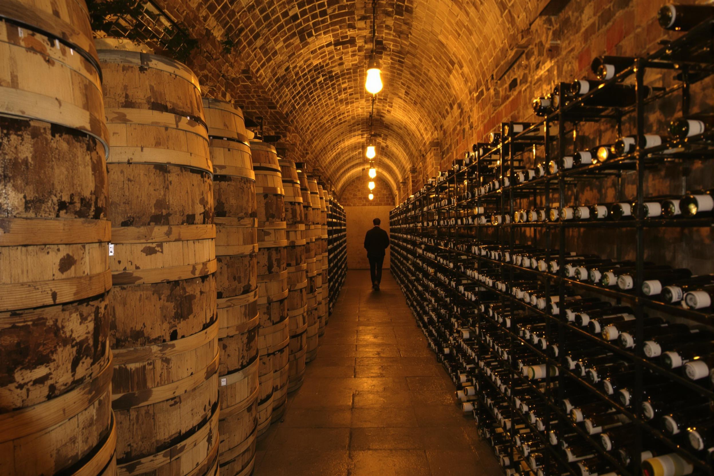 Stacked oak barrels line both sides of a dimly-lit underground wine cellar, their wooden surfaces polished with age. Rows of bottles sit neatly on iron racks, illuminated faintly by warm yellow bulbs hanging from arched stone ceilings. Earthy tones dominate this rustic space, with detailed textures on walls, barrels, and corked bottles.