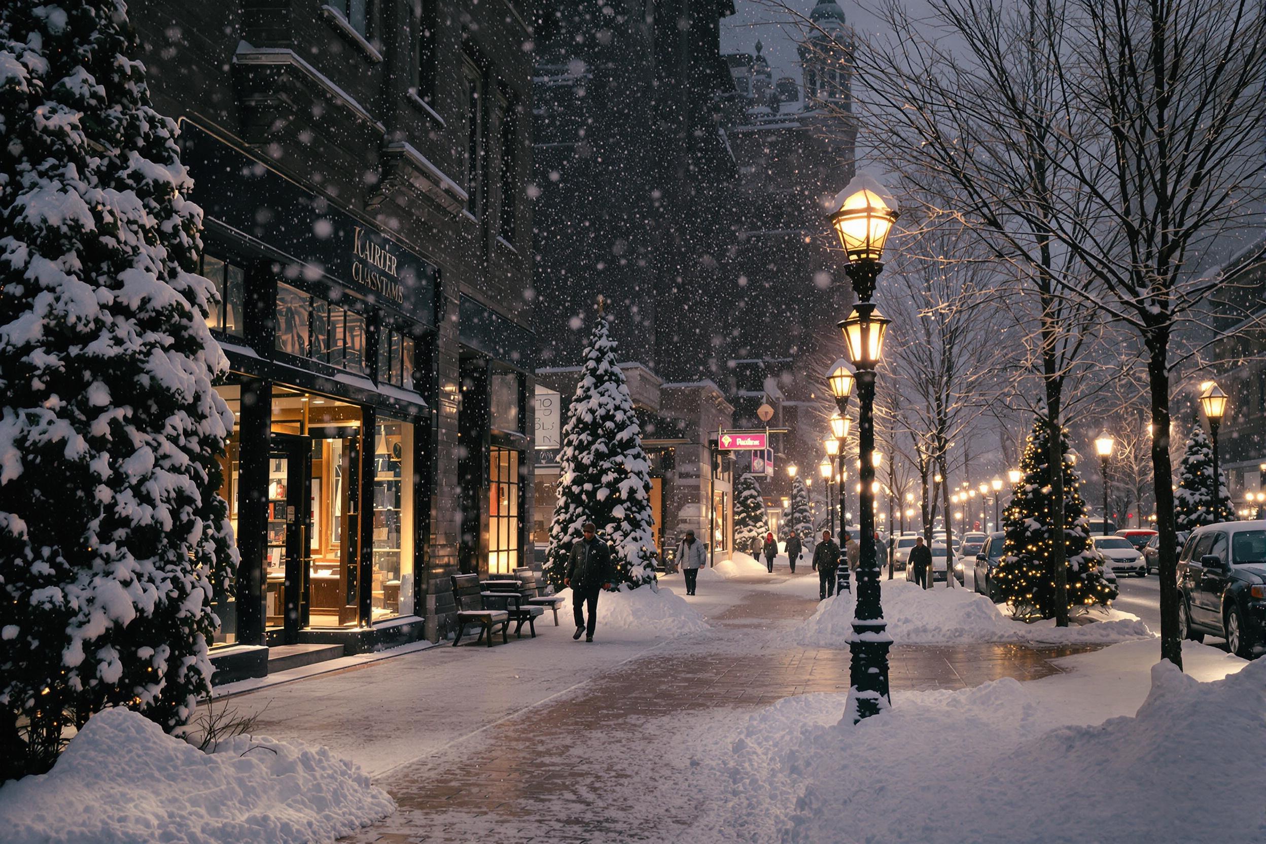 A serene winter city scene captures snow-covered streets illuminated by glowing streetlamps. Gentle light reflects off icy sidewalks as quiet strolls linger under a falling flurry. Dimly lit shop windows reveal cozy interiors amidst frosty urban charm. Snow piles rest undisturbed beside muted, ornamental trees.