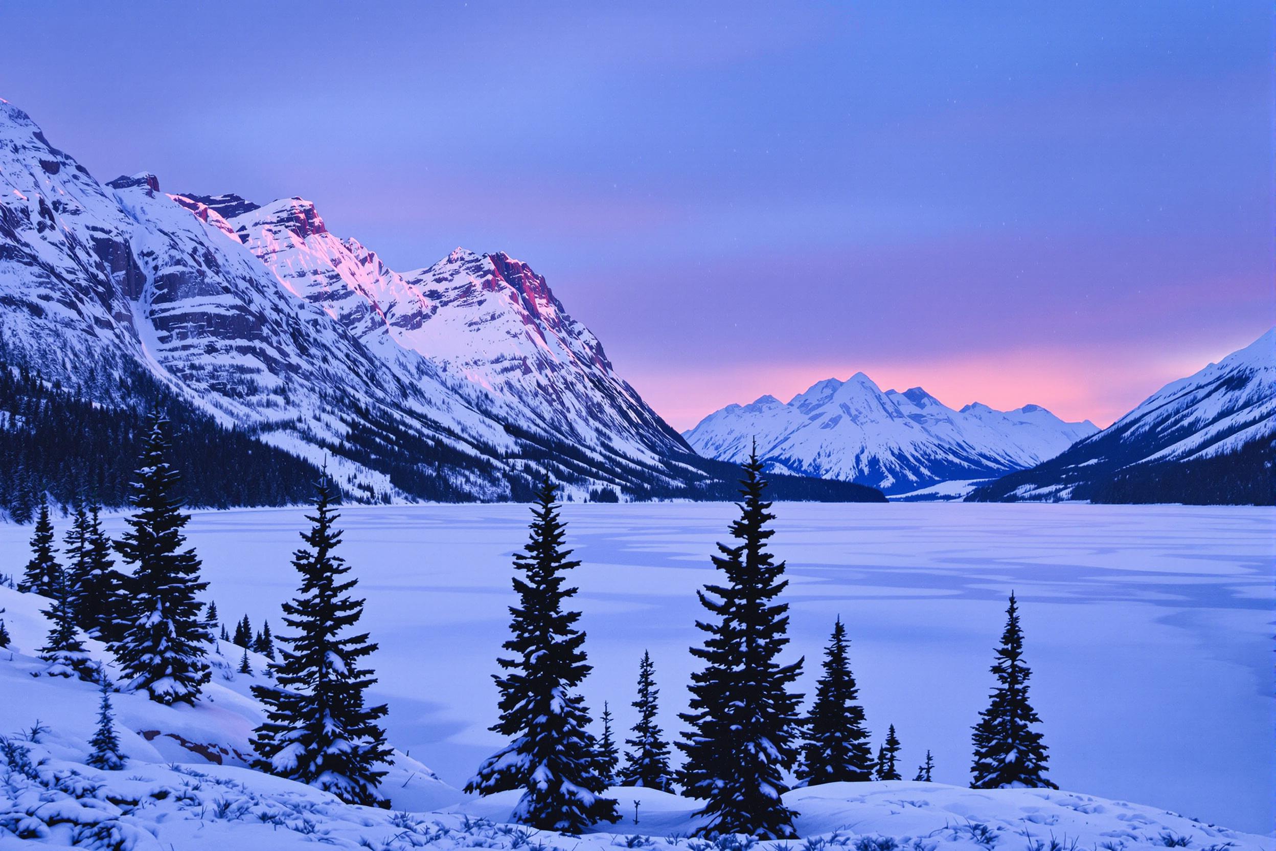 A breathtaking winter landscape unfolds as day transitions into night. A vast frozen lake glimmers under a soft twilight glow, reflecting hues of blue and purple. Towering snowcapped mountains frame the scene against a gradient sky. Light snowfall adds an ethereal quality, while scattered evergreen trees dot the shore, enhancing the serene atmosphere with their dark silhouettes.