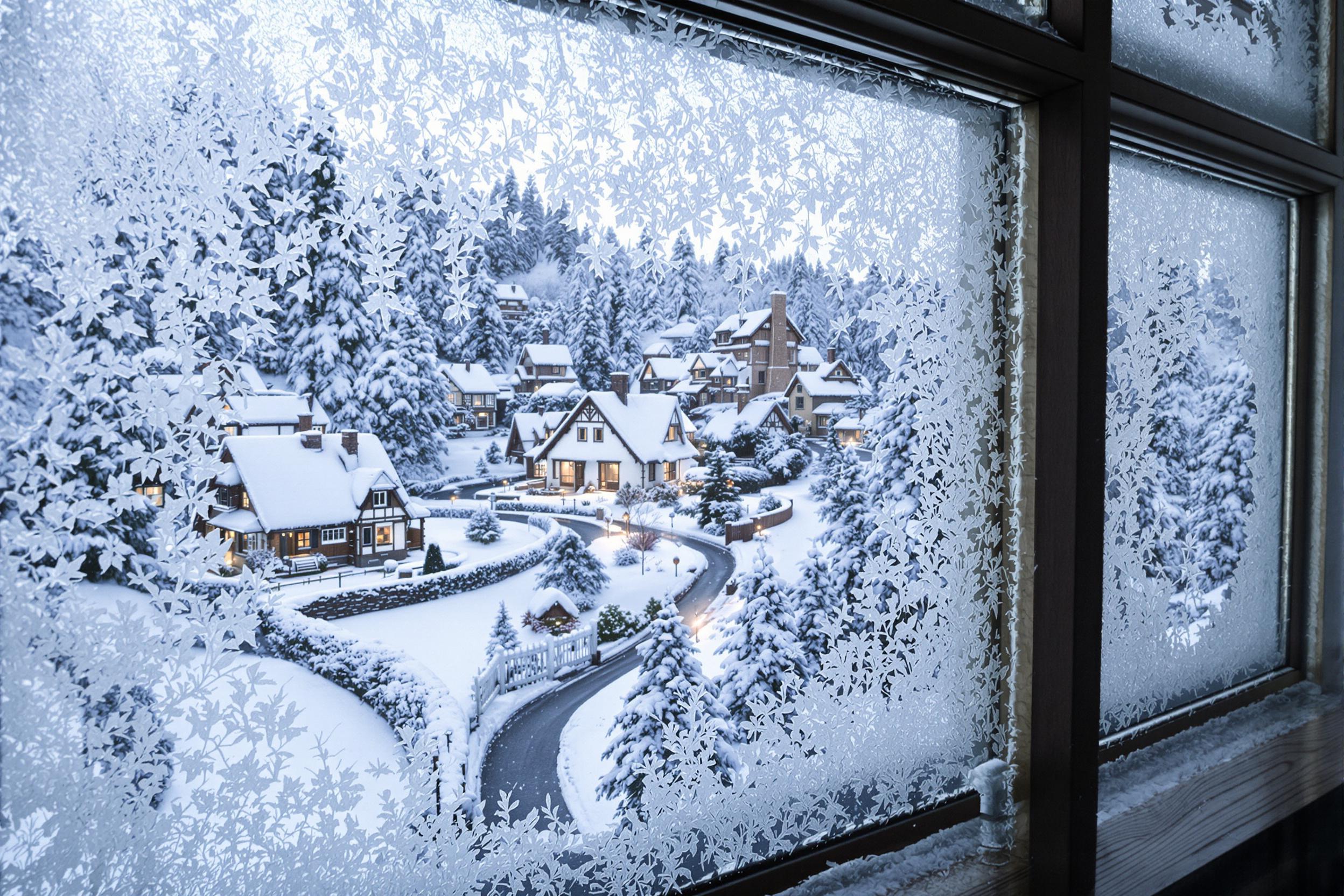 A close-up captures a frosted cabin window framing a picturesque winter village blanketed in fresh snow. Ornate frost patterns encircle the glass edges, offering glimpses of rustic cottages and winding paths softened under diffused daylight. Inside, a faint warm glow enhances contrast, evoking a cozy yet serene atmosphere.