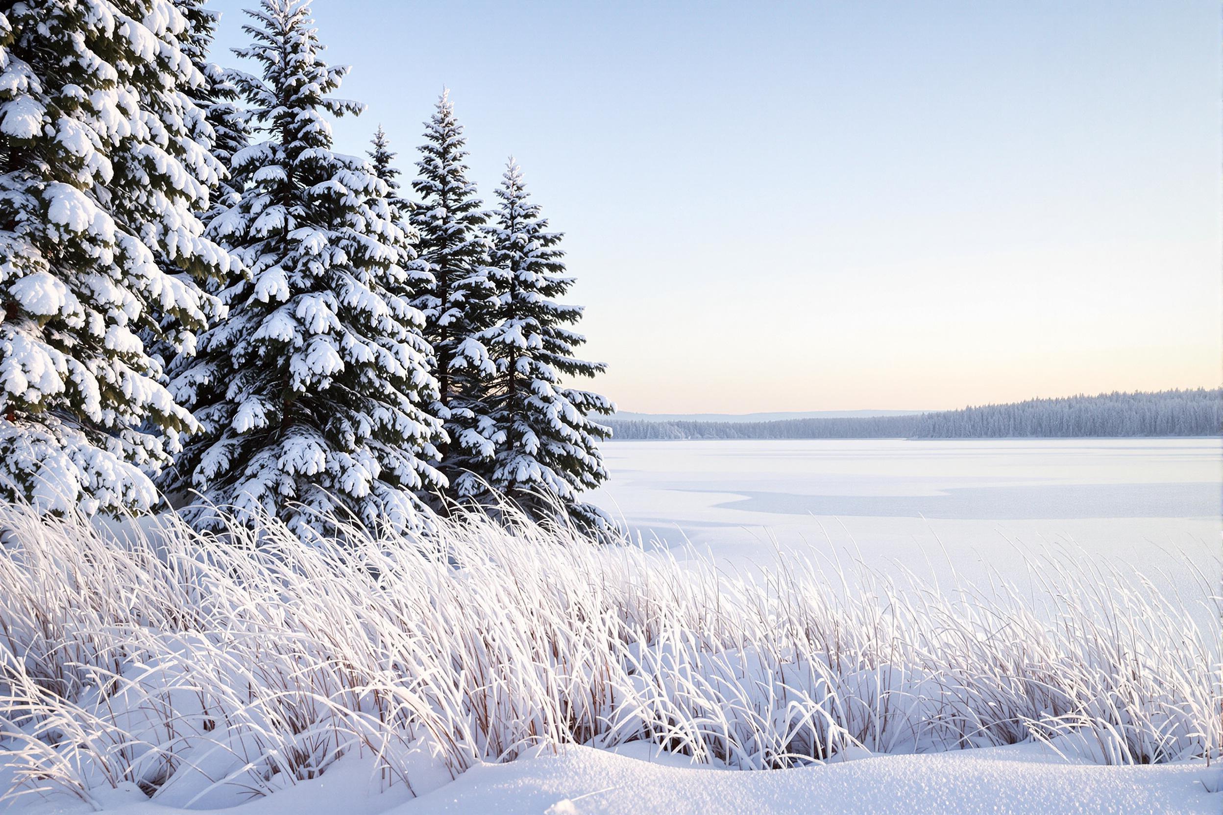 A tranquil winter scene unfolds, featuring a serene landscape blanketed in fresh snow. Towering evergreen trees stand elegantly, their branches heavy with white frost. In the foreground, blades of frosty grass peek through the glistening snow, catching the soft light of early morning. A still, frozen lake reflects the pale blue sky, enhancing the peaceful atmosphere.