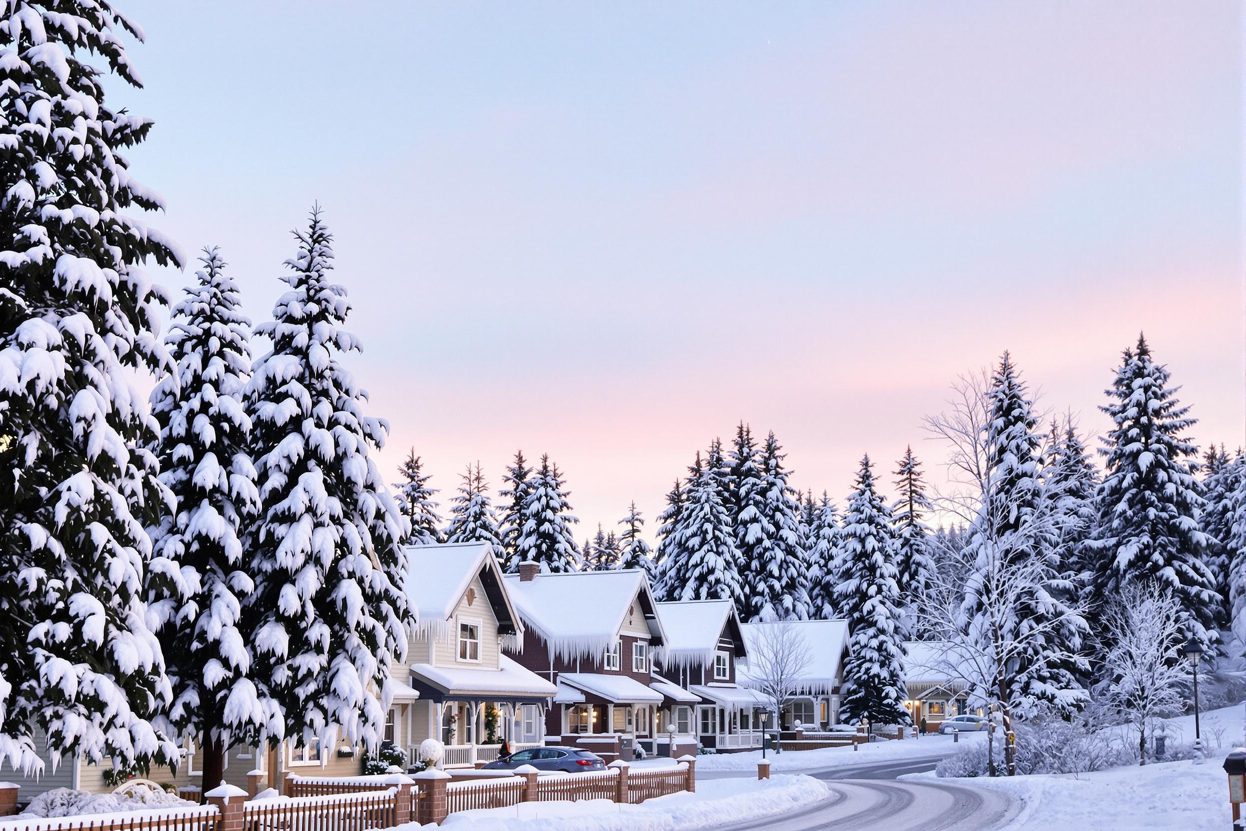 A serene winter morning blankets a quaint town in fresh snow, where charming houses adorned with icicles line the streets. Delicate snowflakes drift gently from the pastel sky, illuminating the scene with soft hues of pink and blue. The landscape is framed by tall evergreen trees, their branches heavy with white powder, inviting a sense of calm and tranquility.