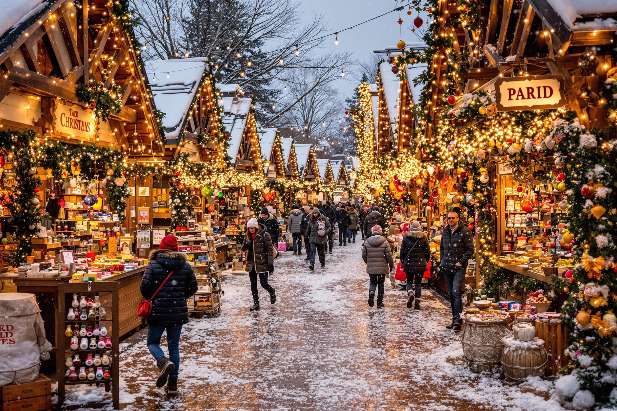 An enchanting winter market springs to life in the early evening glow. Twinkling fairy lights adorn rustic wooden stalls that showcase handcrafted goods and seasonal delights. Patrons wander through the bustling aisles, their breath visible in the chill. Colorful ornaments and aromatic treats create an inviting scene against a backdrop of gently falling snow.