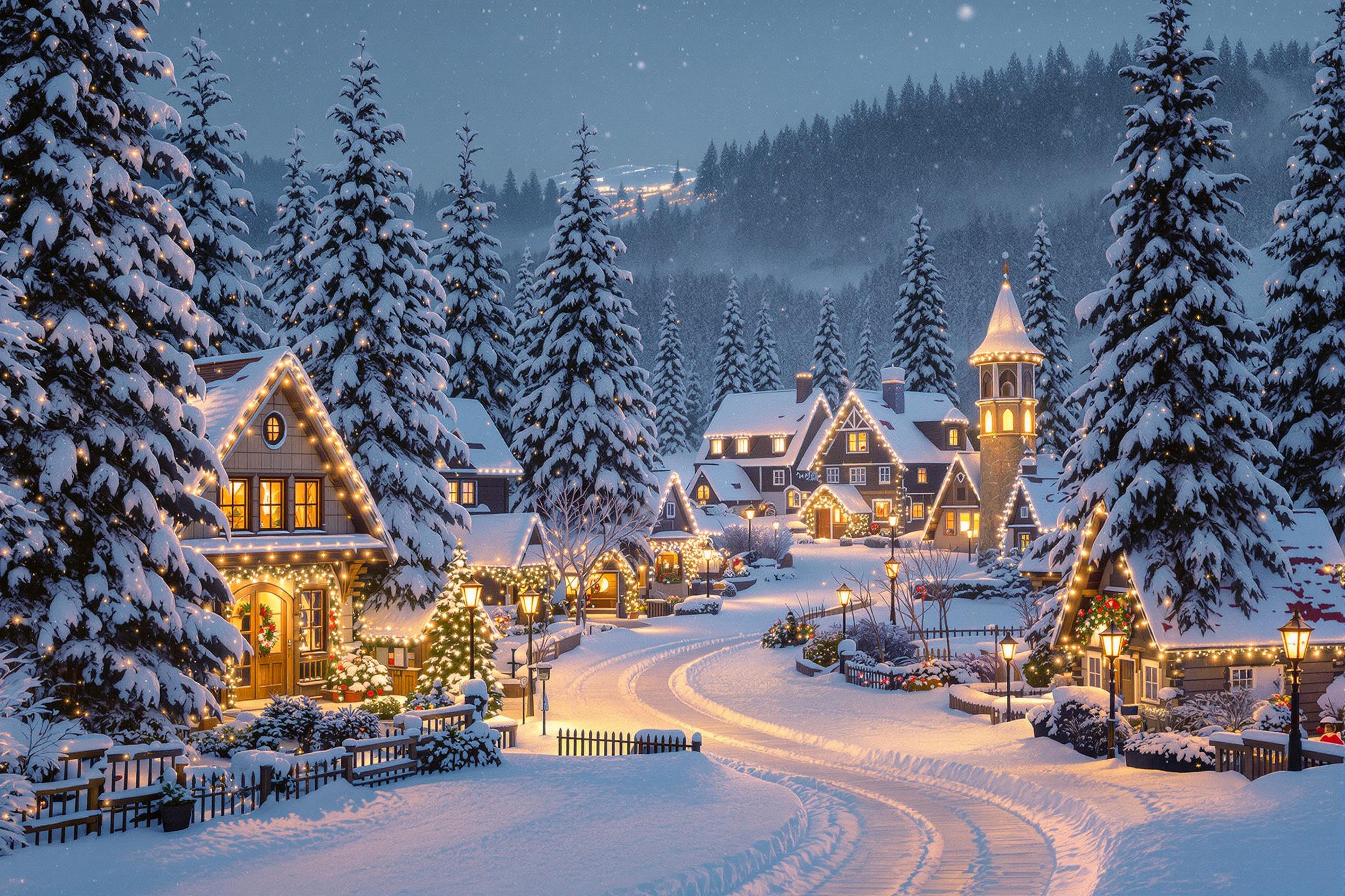 A picturesque village lies blanketed in freshly fallen snow at dusk. Twinkling holiday lights adorn charming cottages, their warm glow creating a cozy atmosphere against the impending night. The scene is framed by tall evergreen trees lightly dusted with white, while delicate snowflakes fall softly to the ground. Pathways lead through the village, inviting exploration amid this winter wonderland.