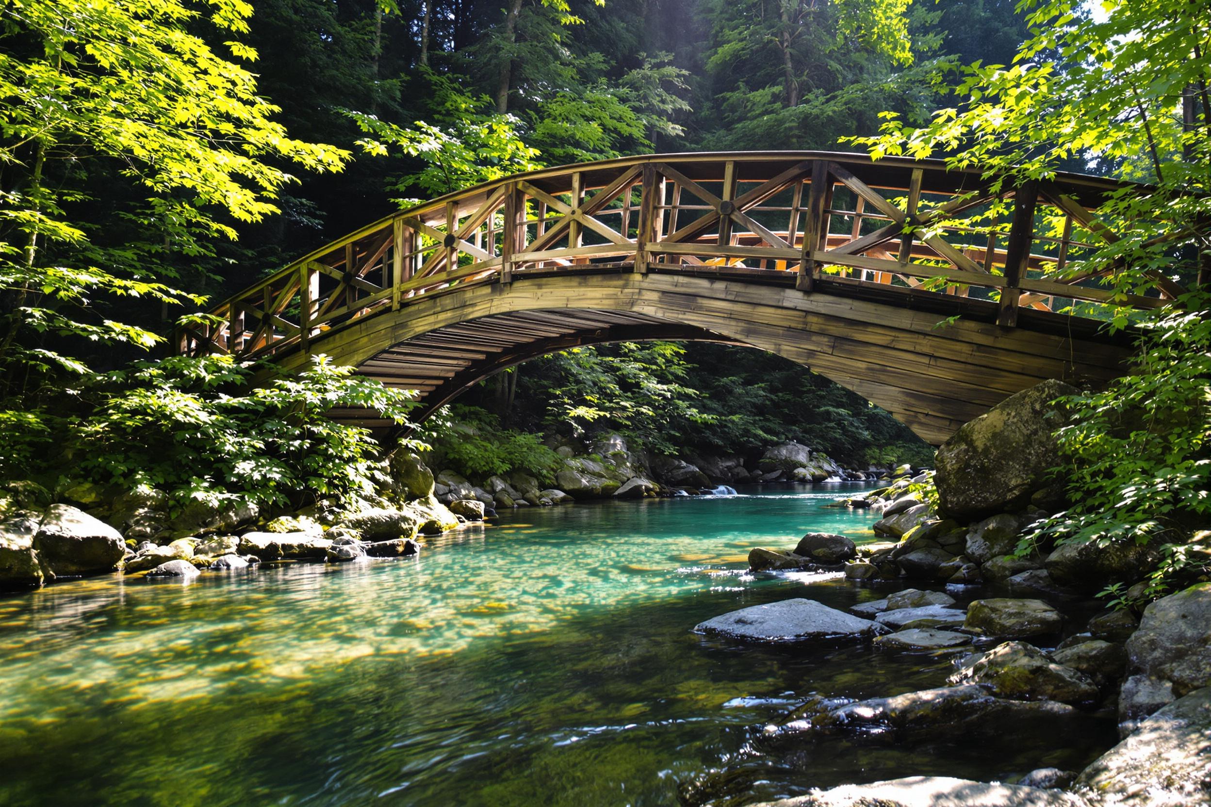 A rustic wooden bridge arcs gracefully over a crystal-clear mountain stream surrounded by dense forest. Dappled sunlight filters through the overhead canopy, illuminating textured planks and smooth stones beneath gently blurred water. Vivid greens and earthy tones frame the serene scene, leading into the shadowy woods beyond.