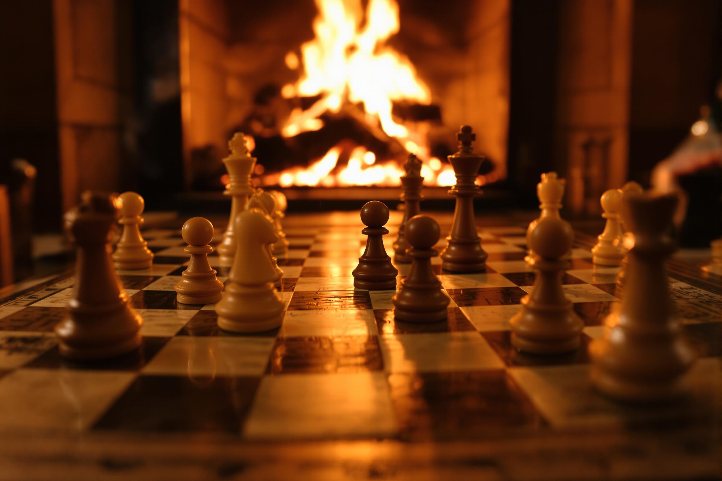 A hand-carved wooden chessboard captures an intricate mid-game moment near a glowing fireplace. Polished chess pieces reflect the amber light from crackling flames. The textured wood grain contrasts elegantly with the smooth resin game pawns. Ashes and faint smoke linger in soft focus, heightening the cozy ambiance.