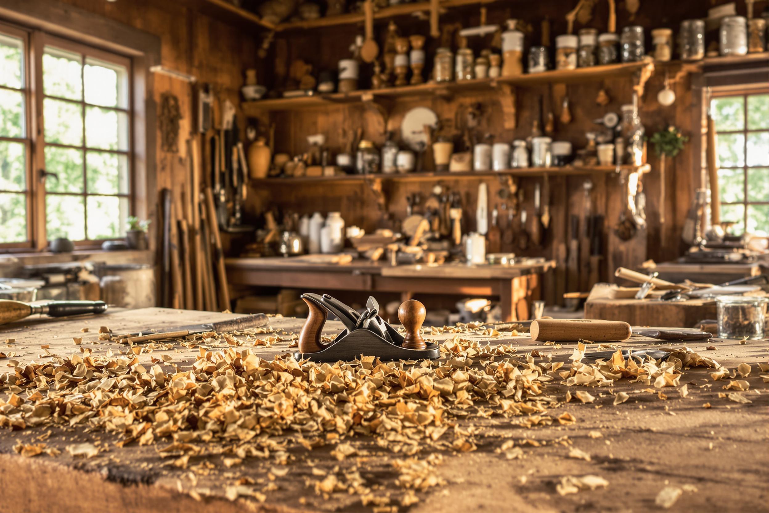 A traditional woodworking studio bathed in warm late-afternoon sunlight. The foreground highlights well-used chisels, a hand plane, and curled wood shavings scattered across a scarred wooden workbench. In the background, weathered shelves hold jars, tools, and half-finished carvings, unveiling a space that exudes timeless artistry and craftsmanship.