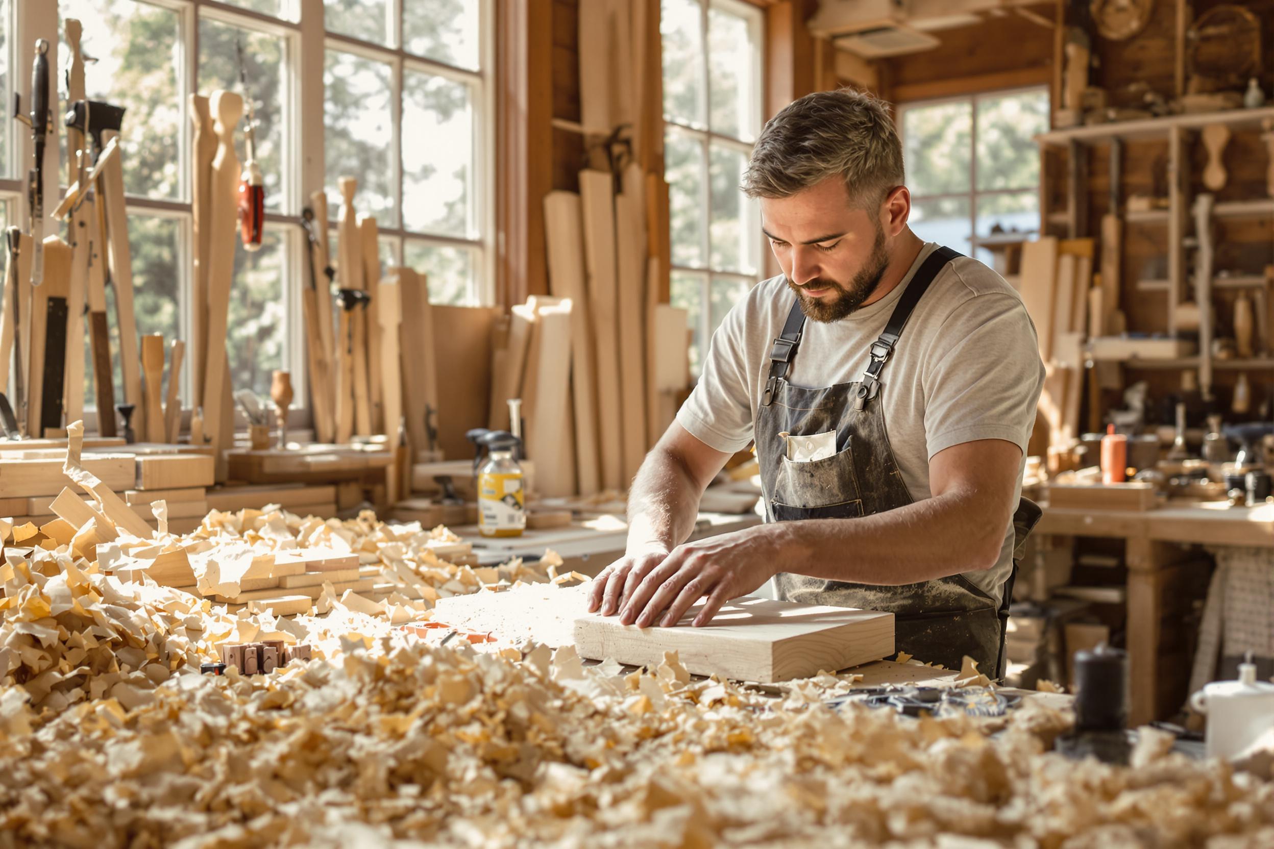 An artisan woodworker diligently shapes a piece of oak furniture in a sunlit workshop. Sunlight streams through large windows, illuminating the varied textures of wood shavings and tools scattered around. His focused expression captures dedication to craftsmanship, while the warm hues of the wood create a cozy atmosphere.