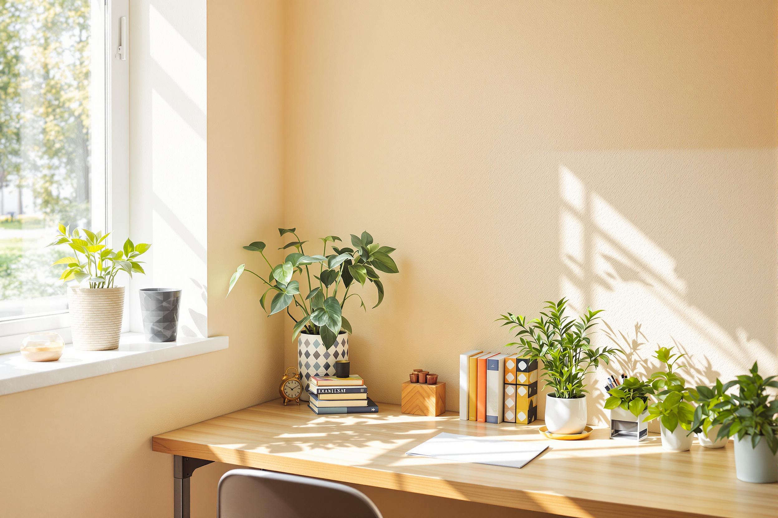 A cozy workspace unfolds in a sunlit corner, where a wooden desk adorned with potted green plants complements the warm tones of the room. Natural light streams through a nearby window, illuminating the textured wall with its soft glow. Decorative items like books and stationery further enhance the inviting atmosphere, creating a serene environment for productivity.