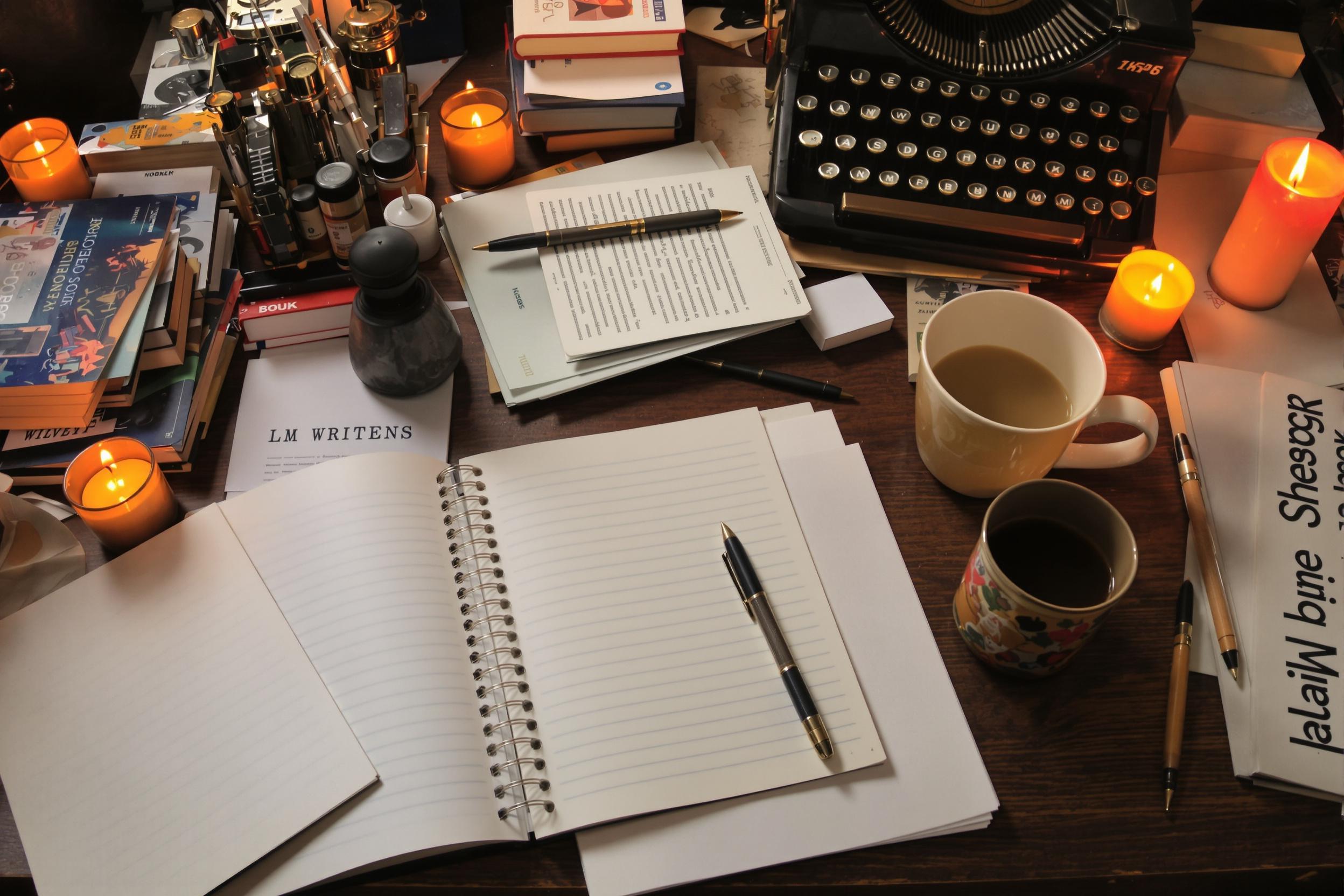 A cozy writer's desk filled with books, stationery, and a vintage typewriter surrounded by warm candlelight. The desk features scattered papers, open notebooks, and pens resting purposefully along with a steaming mug. The gentle orange glow from the candles creates inviting shadows, enhancing the intimate ambiance of the creative space.