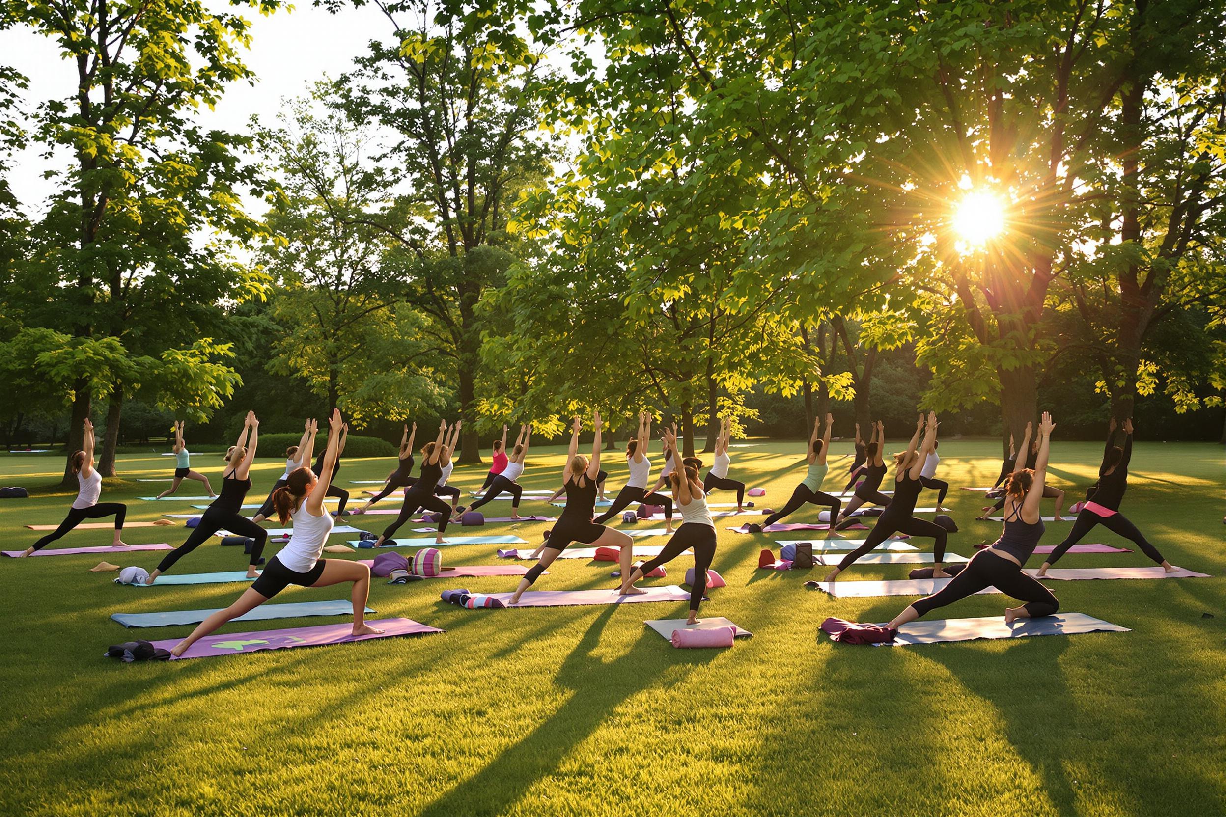 In a tranquil outdoor park at dawn, a yoga instructor gracefully leads a class of participants practicing their poses on colorful mats. The soft golden sunlight bathes the scene, highlighting lush greenery surrounding them. The group is captured mid-pose, showcasing a sense of calm and unity as they engage in this peaceful morning ritual.