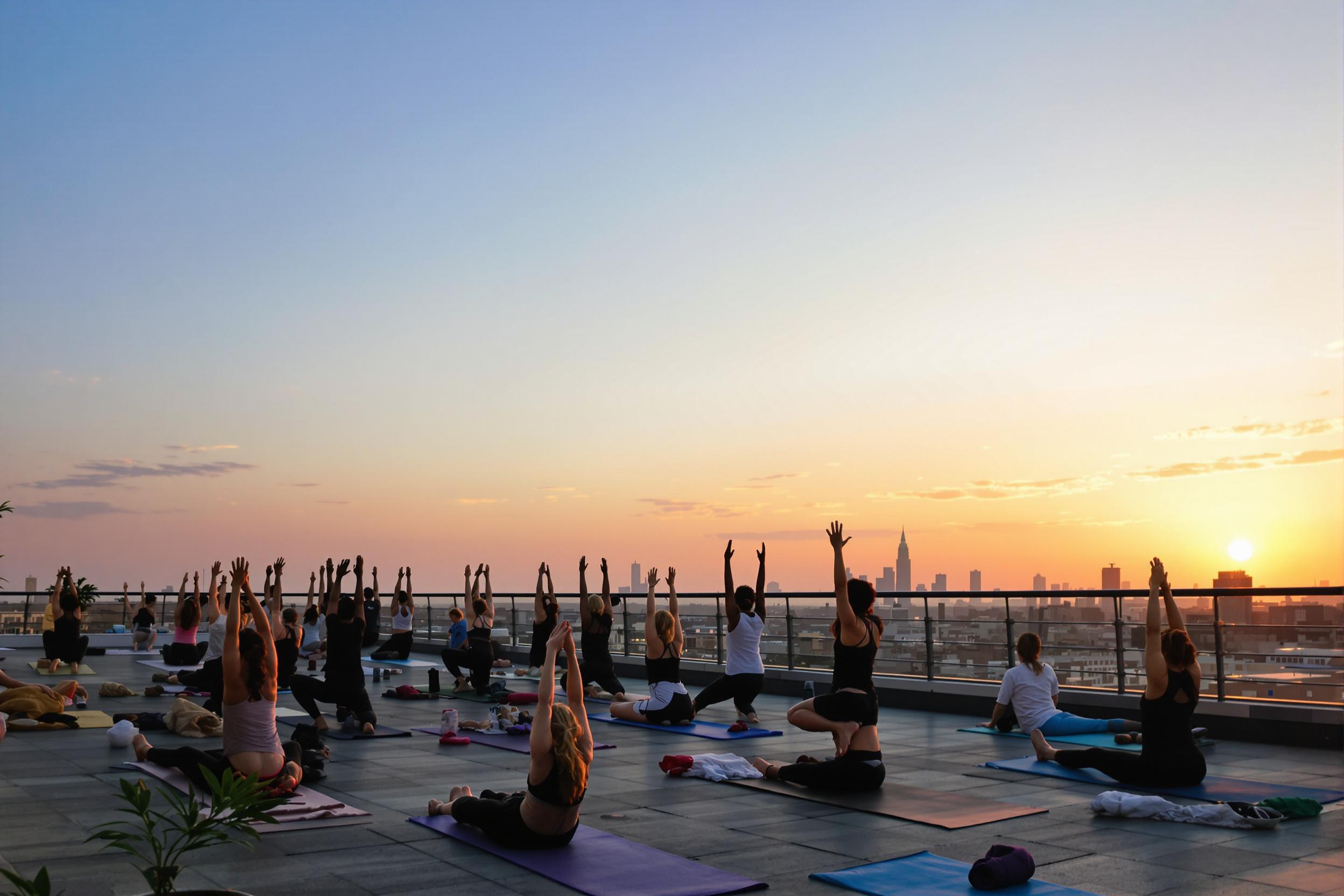 A serene yoga class unfolds on a rooftop as the sun sets over the city skyline. Participants perform various poses on mats, their silhouettes framed against the warm glow of the horizon. The sky transitions into shades of orange and pink, while a gentle breeze carries ambient sounds from below. Potted greenery adds natural touches to the urban setting.