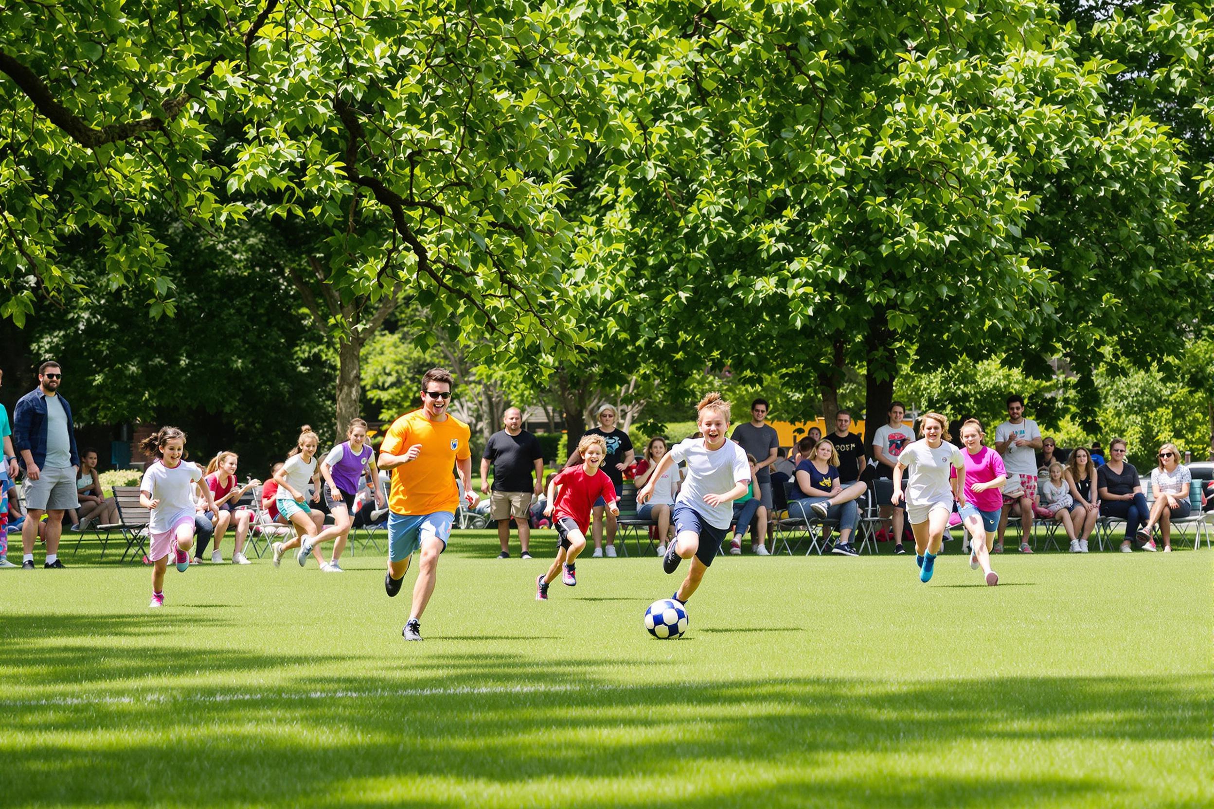 A lively scene unfolds in a vibrant park as children engage in an exciting soccer match. The bright afternoon sun illuminates their joyful expressions as they sprint across a lush green field, chasing a brightly colored ball. Nearby trees provide a shady backdrop, while parents cheer from the sidelines, enhancing the energetic atmosphere of teamwork and fun.