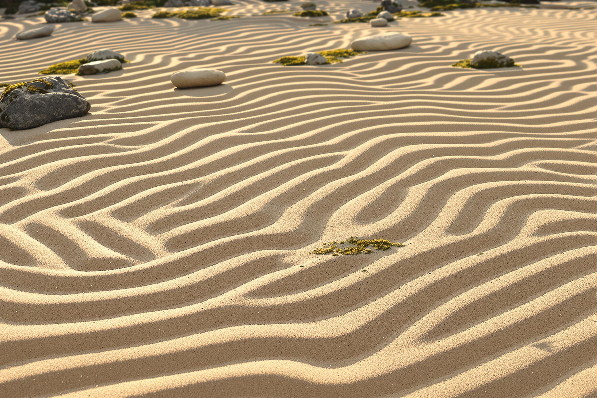 A tranquil zen garden unfolds beneath soft late afternoon sunlight. Raked sand is meticulously arranged, with gentle curves forming serene patterns that draw the eye. Smooth stones are placed thoughtfully across the composition, adding depth and structure to the landscape. Small moss patches peek through, enhancing the natural aesthetic of this peaceful retreat.