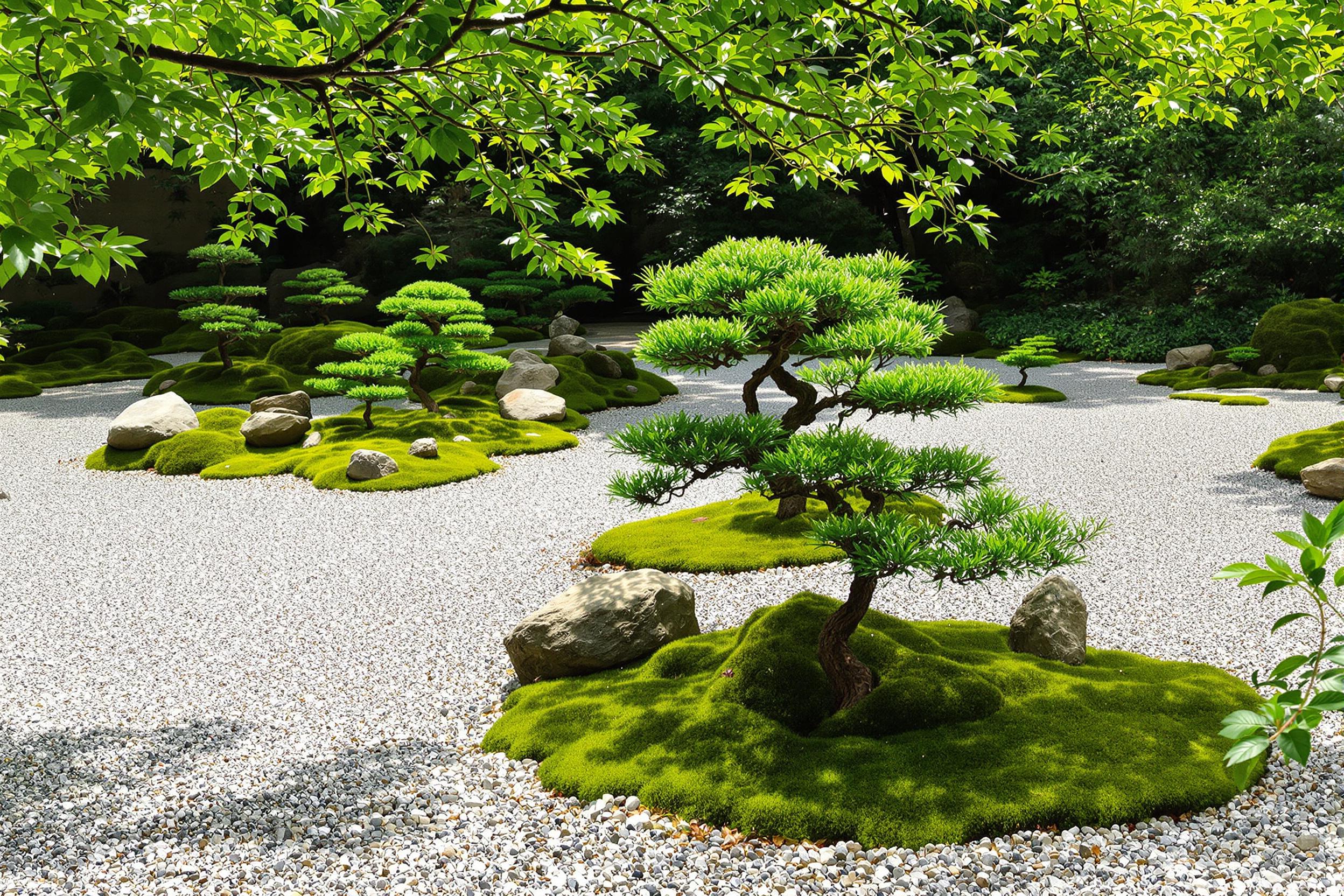 A tranquil Zen garden reveals a harmonious arrangement of raked gravel and carefully placed rocks. Lush green moss blankets the soil, while small bonsai trees add height and focal interest. Dappled sunlight filters through overhanging branches, casting soft shadows that dance across the surface. This serene space invites reflection and meditation amid nature.